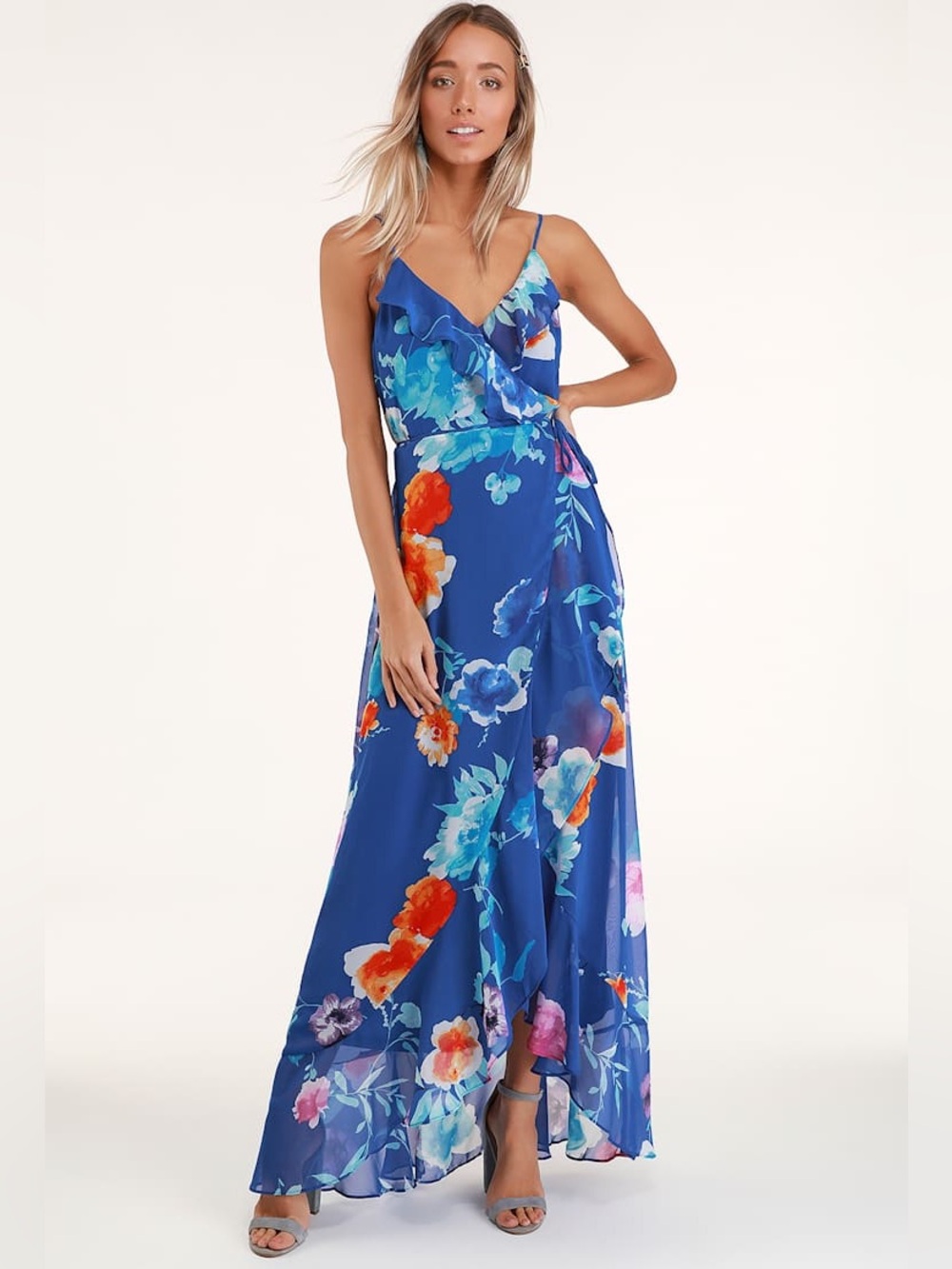 NWT Lulus Ladean Royal Blue Floral Print Ruffled Wrap Maxi Dress